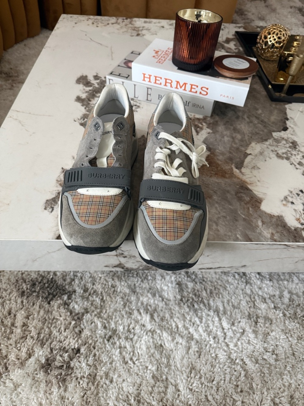 Burberry Gray Suede Sneakers with Beige Vintage Check Detail